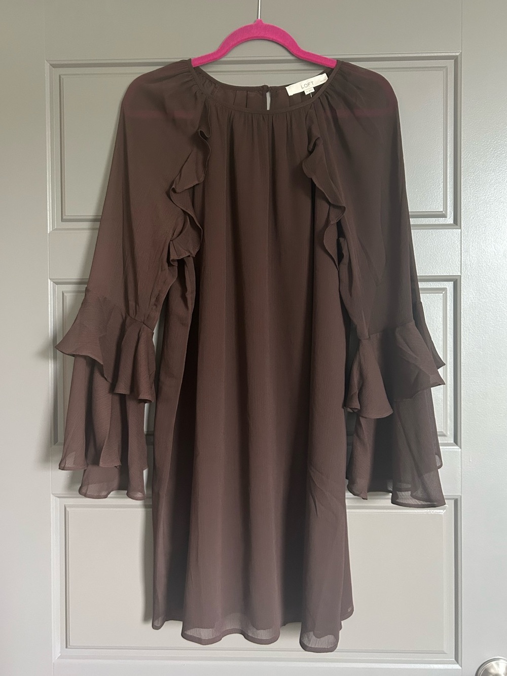 LOFT Chocolate Brown Ruffle Bell Sleeve Dress